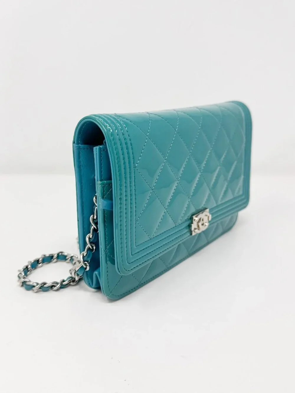 Chanel Turquoise Quilted Patent Leather Wallet on Chain